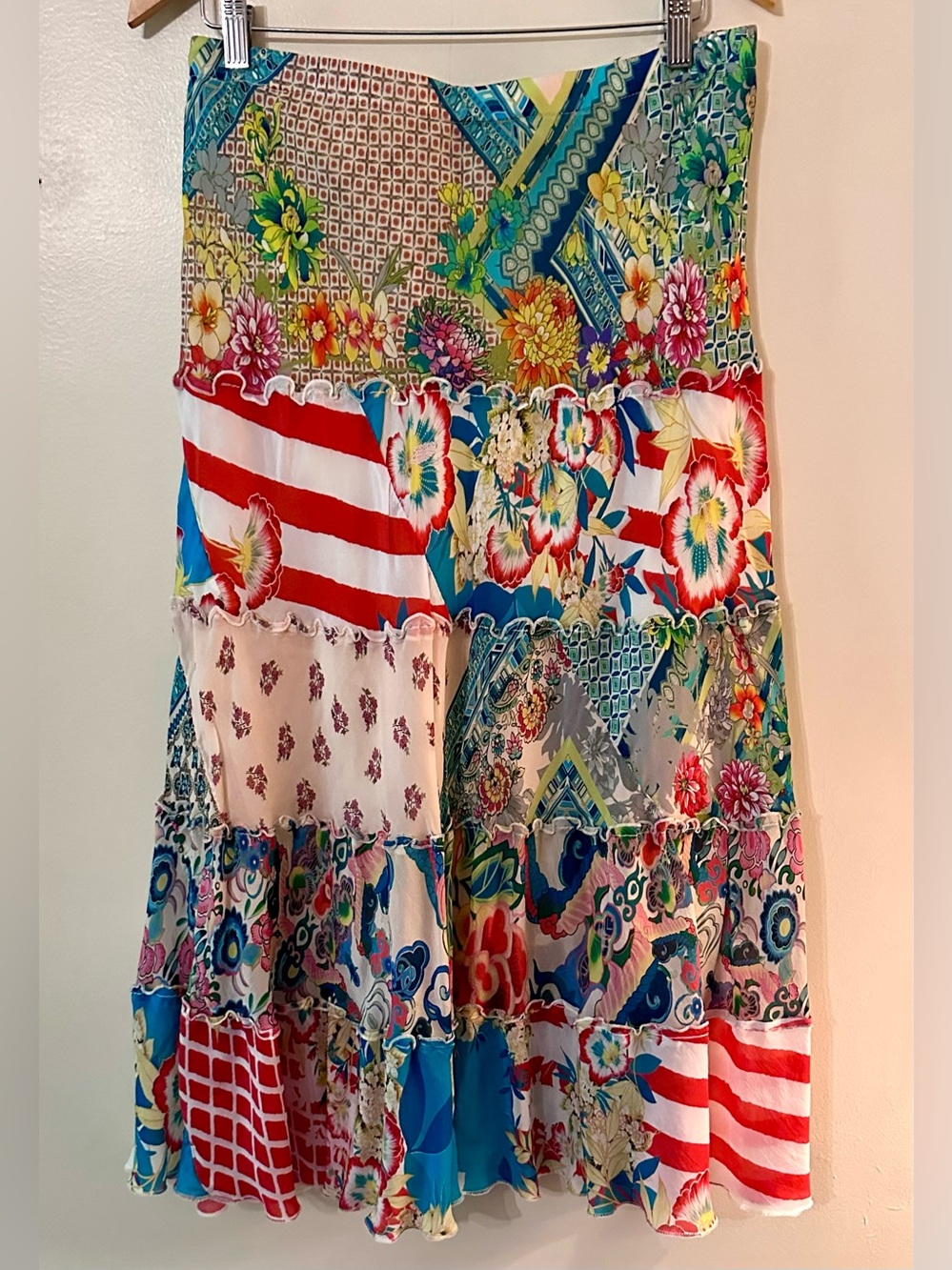 Johnny Was Multi-Print Tiered Boho Maxi Skirt in Red, Blue, Cream